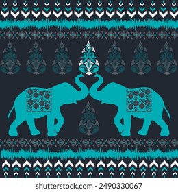 Damask Ikat embroidery Elephant pattern Thai ethnic tribal traditional ornament seamless pattern