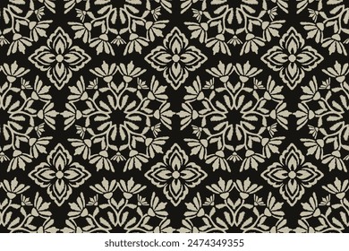 Damask Ikat floral on black background seamless pattern. flower embroidery. design for fashion women, texture, fabric, clothing, wrapping paper, curtains, and decoration. vintage wallpaper