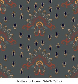 Damask Ikat floral pattern on purple background vector illustration.ink texture embroidery.Aztec style abstract,hand drawn,baroque.design for texture,fabric,clothing,wrapping,decoration,scarf,sarong