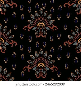 Damask Ikat floral pattern on purple background vector illustration.ink texture embroidery.Aztec style abstract,hand drawn,baroque.design for texture,fabric,clothing,wrapping,decoration,scarf,sarong