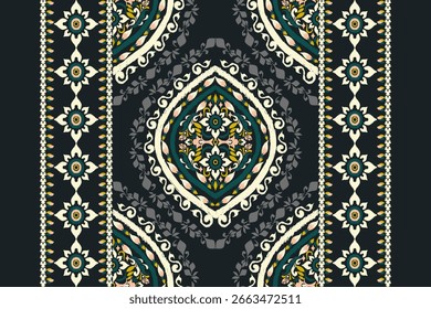 Damask Ikat floral pattern on black background,Ikat ethnic oriental pattern traditional,vector illustration,damask pattern,Aztec style.design for texture,fabric,clothing,decoration,print,scarf,Kilim