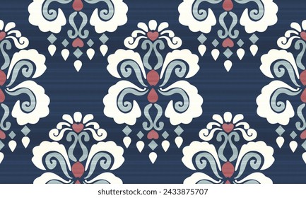 Damask Ikat floral seamless pattern. flower embroidery. design for fashion women, texture, fabric, clothing, wrapping paper, curtains, and decoration. vintage wallpaper
