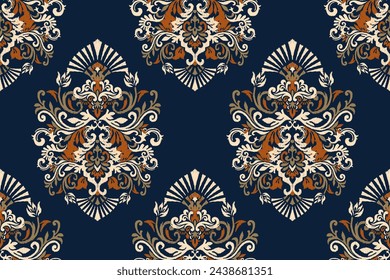 Damask Ikat floral seamless pattern on navy blue background vector illustration.Ikat ethnic oriental embroidery.Aztec style,baroque,hand drawn.design for texture,fabric,clothing,wrapping,decorations.