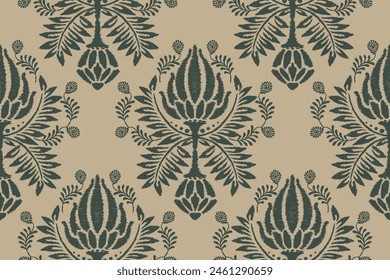 Damask Ikat floral seamless pattern. flower embroidery. design for fashion women, texture, fabric, clothing, wrapping paper, curtains, and decoration. vintage wallpaper