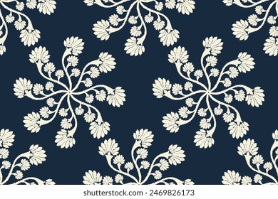 Damask Ikat floral seamless pattern. flower embroidery. design for fashion women, texture, fabric, clothing, wrapping paper, curtains, and decoration. vintage wallpaper