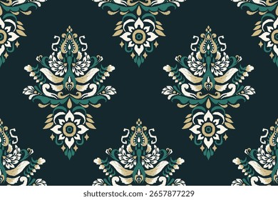 Damask Ikat floral seamless pattern on black background,Ikat ethnic oriental seamless pattern traditional,vector illustration,damask seamless pattern.design for texture,fabric,clothing,decoration.