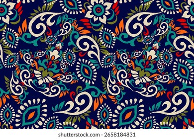Patrón inconsútil floral de Damask Ikat sobre fondo azul, patrón inconsútil oriental étnico de Ikat tradicional, Ilustración vectorial, patrón inconsútil de Damask. diseño para textura, tela, ropa, decoración.