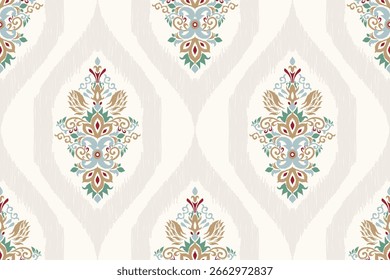 Patrón inconsútil floral de Damask Ikat sobre fondo blanco, patrón inconsútil oriental étnico de Ikat tradicional, Ilustración vectorial, patrón inconsútil de Damask. diseño para textura, tela, ropa, decoración.