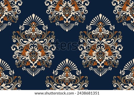 Damask Ikat floral seamless pattern on navy blue background vector illustration.Ikat ethnic oriental embroidery.Aztec style,baroque,hand drawn.design for texture,fabric,clothing,wrapping,decorations. Zdjęcia stock © 