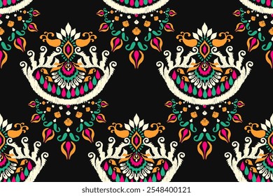 Damask Ikat floral seamless pattern,Ikat flower seamless pattern on black background,vector illustration,Ikat seamless pattern,Aztec,baroque style.design for texture,fabric,clothing,decoration,print.