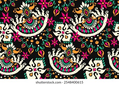 Damask Ikat floral seamless pattern,Ikat flower seamless pattern on black background,vector illustration,Ikat seamless pattern,Aztec,baroque style.design for texture,fabric,clothing,decoration,print.