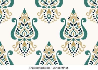 Damask Ikat floral seamless pattern,Ikat flower seamless pattern on white background,vector illustration,Ikat seamless pattern,Aztec,baroque style.design for texture,fabric,clothing,decoration,print.