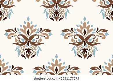 Damask Ikat floral seamless pattern,Ikat flower seamless pattern on white background,vector illustration,Ikat seamless pattern,Aztec,baroque style.design for texture,fabric,clothing,decoration,print.