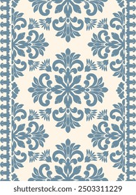 Damask ikat pattern in cool blue tones, featuring detailed floral motifs, perfect for elegant textiles and interior decor.