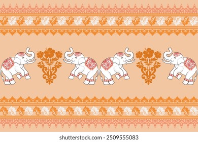 Damask ikat Seamless Pattern Tribal Ethnic Elephant pattern,Thai elephant, paisley and hamsa. Ethnic elephant background Hand drawn illustration. Wallpaper, cloth design, fabric, tissue, carpet