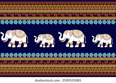 Damask ikat Seamless Pattern Tribal Ethnic Elephant pattern,Thai elephant, paisley and hamsa. Ethnic elephant background Hand drawn illustration. Wallpaper, cloth design, fabric, tissue, carpet