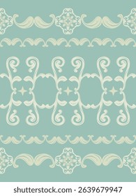 Damask Ikat Silk Weaves Handicraft Elaborate Whimsical Pattern with Abstract Scroll Ornament on Green Jade Background. Traditional Luxury European Baroque Style for Mosaic Tiles Ceramic Embroidery Rug