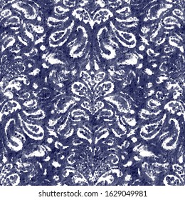 Damask indigo dyed effect distressed worn bleached graphical motif. Noisy brushed faded mottled, intricate grungy stained navy design. Seamless repeat vector eps 10 pattern swatch.