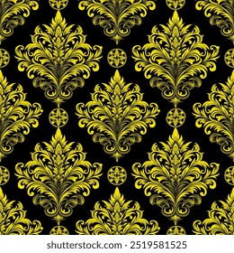 Damast-Einfluss Nahtloses Muster Ein nahtloses und kompliziertes goldenes Muster auf schwarzem Hintergrund, das ein Gefühl von Luxus und Raffinesse hervorruft. für hochwertige Tapeten oder textile Designs.