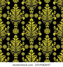 Damast-Einfluss Nahtloses Muster Ein nahtloses und kompliziertes goldenes Muster auf schwarzem Hintergrund, das ein Gefühl von Luxus und Raffinesse hervorruft. für hochwertige Tapeten oder textile Designs.