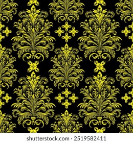 Damast-Einfluss Nahtloses Muster Ein nahtloses und kompliziertes goldenes Muster auf schwarzem Hintergrund, das ein Gefühl von Luxus und Raffinesse hervorruft. für hochwertige Tapeten oder textile Designs.