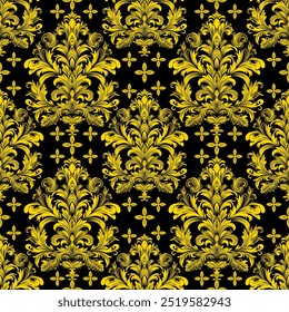 Damask influence Seamless pattern A seamless and intricate golden pattern set against a stark black background, evoking a sense of luxury and sophistication. for high-end wallpaper or textile designs.