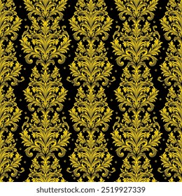 Damast-Einfluss Nahtloses Muster Ein nahtloses und kompliziertes goldenes Muster auf schwarzem Hintergrund, das ein Gefühl von Luxus und Raffinesse hervorruft. für hochwertige Tapeten oder textile Designs.