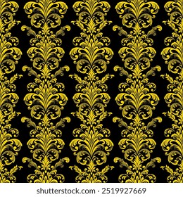 Damast-Einfluss Nahtloses Muster Ein nahtloses und kompliziertes goldenes Muster auf schwarzem Hintergrund, das ein Gefühl von Luxus und Raffinesse hervorruft. für hochwertige Tapeten oder textile Designs.