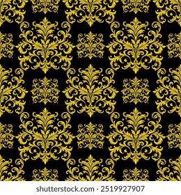 Damast-Einfluss Nahtloses Muster Ein nahtloses und kompliziertes goldenes Muster auf schwarzem Hintergrund, das ein Gefühl von Luxus und Raffinesse hervorruft. für hochwertige Tapeten oder textile Designs.