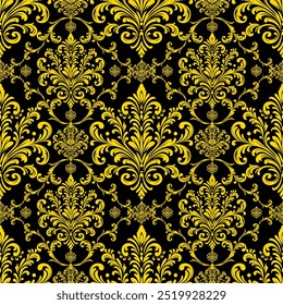 Damast-Einfluss Nahtloses Muster Ein nahtloses und kompliziertes goldenes Muster auf schwarzem Hintergrund, das ein Gefühl von Luxus und Raffinesse hervorruft. für hochwertige Tapeten oder textile Designs.