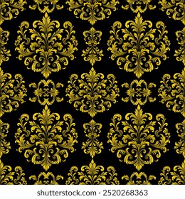 Damast-Einfluss Nahtloses Muster Ein nahtloses und kompliziertes goldenes Muster auf schwarzem Hintergrund, das ein Gefühl von Luxus und Raffinesse hervorruft. für hochwertige Tapeten oder textile Designs.