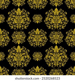 Damast-Einfluss Nahtloses Muster Ein nahtloses und kompliziertes goldenes Muster auf schwarzem Hintergrund, das ein Gefühl von Luxus und Raffinesse hervorruft. für hochwertige Tapeten oder textile Designs.