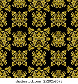 Damast-Einfluss Nahtloses Muster Ein nahtloses und kompliziertes goldenes Muster auf schwarzem Hintergrund, das ein Gefühl von Luxus und Raffinesse hervorruft. für hochwertige Tapeten oder textile Designs.