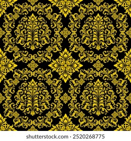 Damast-Einfluss Nahtloses Muster Ein nahtloses und kompliziertes goldenes Muster auf schwarzem Hintergrund, das ein Gefühl von Luxus und Raffinesse hervorruft. für hochwertige Tapeten oder textile Designs.