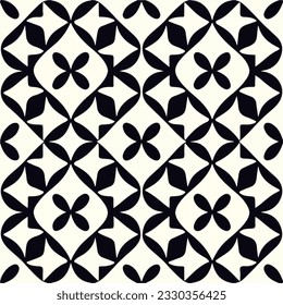 Damask inspired black and white pattern on a white background, featuring intricate repeating fabric motifs reminiscent of art deco designs.