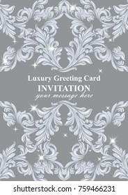 Damask Invitation Vector illustration handmade ornament decor. Sparkling Baroque background texture
