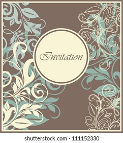 Damask invitation vintage card with floral elements.