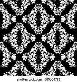 Damask isolated seamless  pattern. Floral black background with vintage  white baroque ornaments, antique  leaves and flowers in Victorian style. Vector elegant texture for wallpapers, textile, fabric