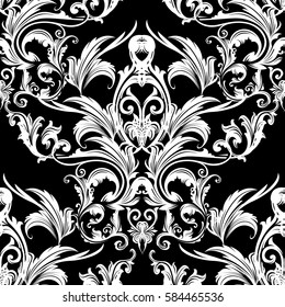 Damask isolated seamless pattern. Floral white background wallpaper illustration with black antique leaves flowers and  ornaments in Victorian style. Vector flourish texture for fabric,textile,curtain