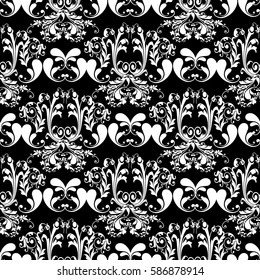 Damask isolated seamless pattern. Floral  wallpaper illustration with white vintage paisley flowers, leaves and antique  ornaments on the black background.Luxury vector texture for textile, fabric.
