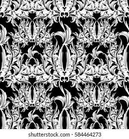 Damask isolated vector seamless pattern.Antique  Baroque ornaments. Luxury flourish black  background. Floral wallpaper with white scroll swirl leaves, flowers. Rich texture for fabric, textile.
