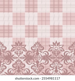 Damask lace on Seamless Plaids Pattern. Traditional Scottish Checkered Background. Seamless pattern designed for Scarf, Dress, Skirt, Fashion Textile Design, Art wallpaper, Wrapping, rug.