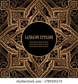 Vector de plantilla de tarjeta de fondo de lujo Damask. Patrón real oriental de oro. Diseño étnico floral para la fiesta de Navidad, Año Nuevo, invitación a la boda, cumpleaños, spa de belleza, aniversario, salvar la fecha.