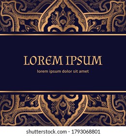 Damask luxury background card template vector. Golden oriental royal pattern. Retro floral design for Christmas party, New year, wedding invitation, birthday, beauty spa, anniversary, save the date.