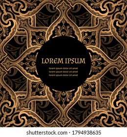 Damask luxury background card template vector. Golden oriental royal pattern. Islamic floral design for Christmas party, New year, wedding invitation, birthday, beauty spa, anniversary, save the date.