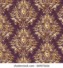 Damask luxury ornament pattern in gold on red background. Vector