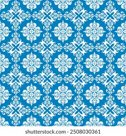 Damast Luxus nahtloses Muster, abstraktes nahtloses Ornamentmuster mit blauer Farbe, Design für Tapete, Hintergrund, Stoff, Seide, Sari, Dekorationsbucheinband.