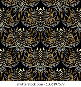 Damask luxury vector seamless pattern. Floral background with gold silver hand drawn damask flowers, leaves and line art tracery ornaments in antique style. Royal design for wallpapers, fabric, prints