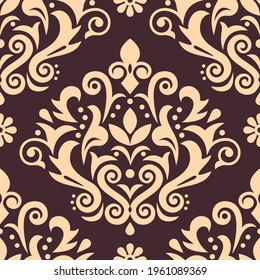 Damask luxury vector seamless pattern, victorian navy blue textile or fabric print design with flowers, swirls and leaves. Retro decorative elegant background with floral motif, traditional royal art