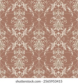 Damask Mocha Mousse seamless pattern element. Vector classical luxury old fashioned damask ornament, royal victorian seamless texture for wallpapers, textile. Vintage floral baroque template.